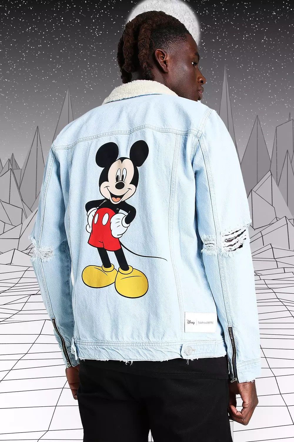 Disney Mickey Denim Jacket With Borg Collar boohooMAN UK